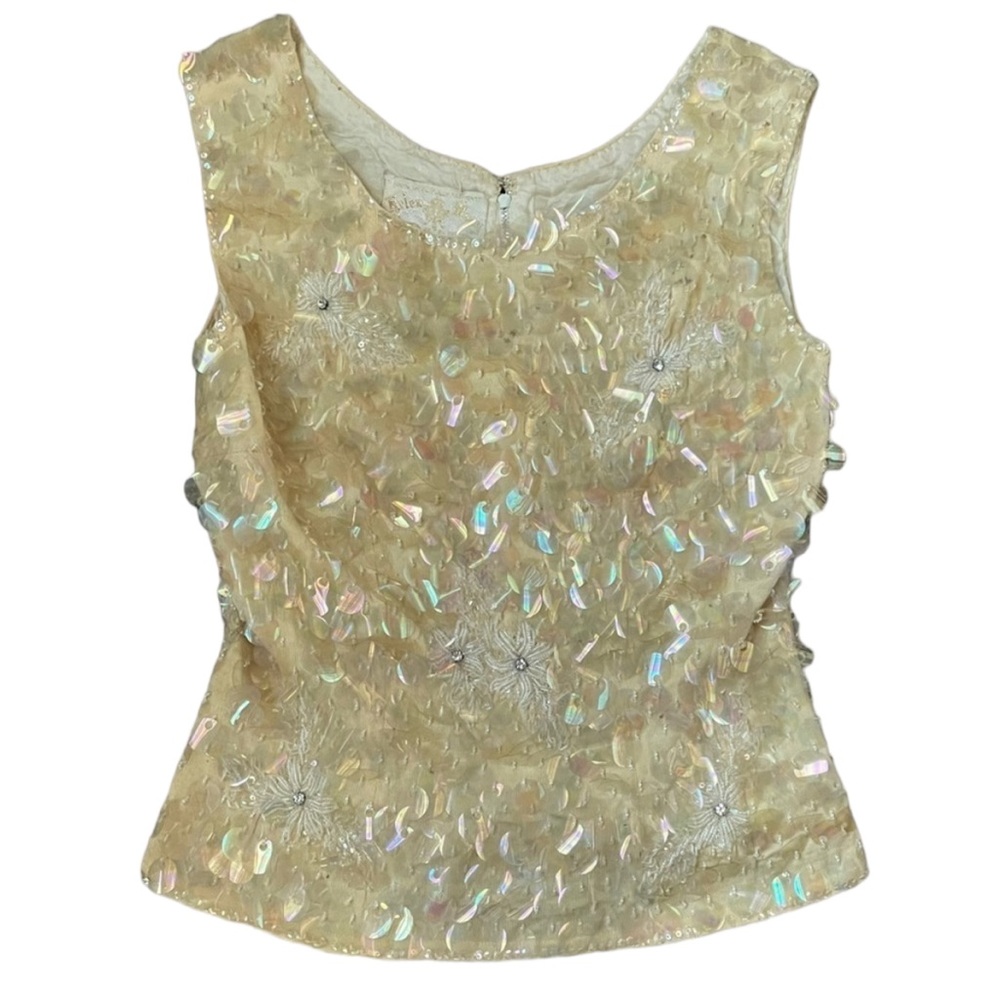 𝅺Vintage Helen Wong 1960s 100% Wool Y2K Giant Sequins Cream Floral Top